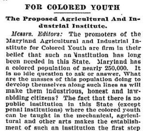 Letter from Harry Cummings expressing support for the Maryland Agricultural and Industrial Institute, 1901