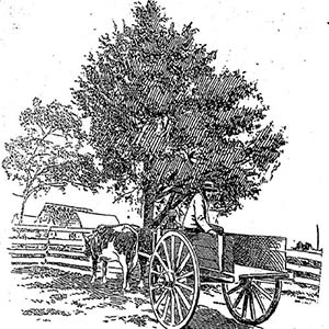 Black and white drawing of a farm wagon